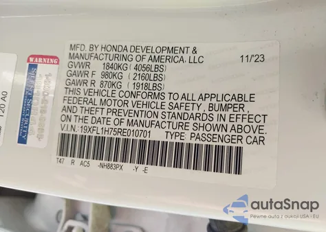 2024 Honda Civic Ex-L z USA, uszkodzony, nr VIN 19XFL1H75RE010701
